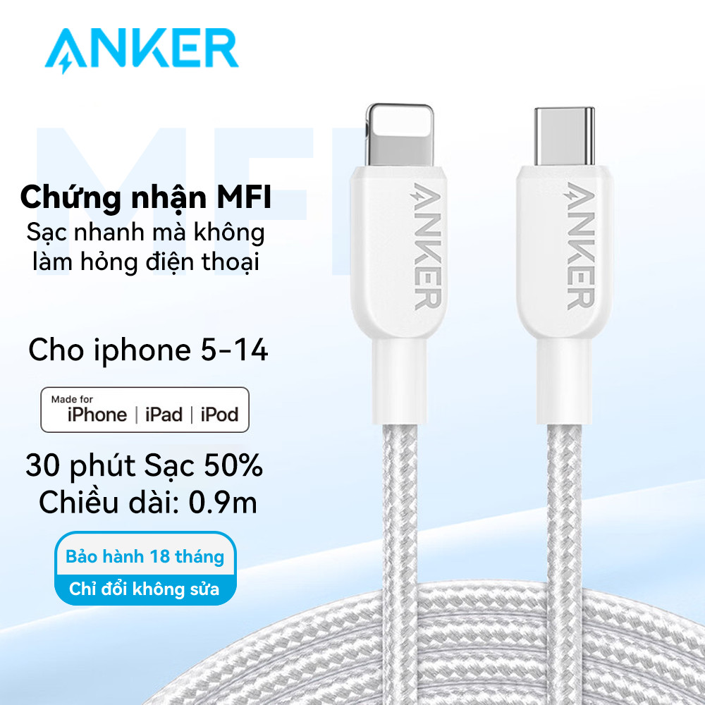 Anker Zolo Cáp sạc Dệt Nylon nhanh & truyền dữ liệu Lighitning  A81A5 0.9m Cho Android iPhone 5-14 [