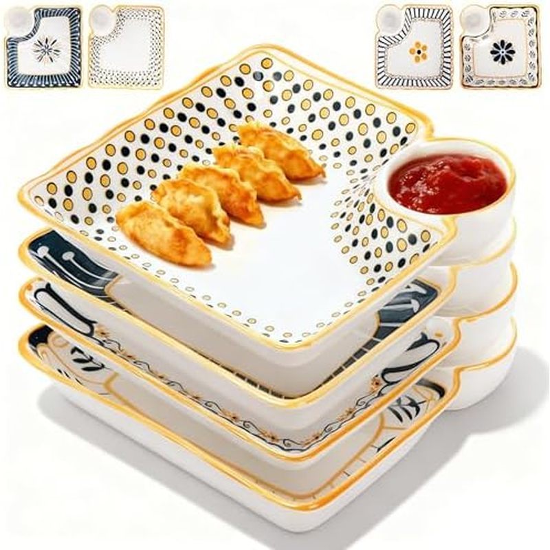 4 Gói Đĩa Bánh Bao Kèm Đĩa Nhúng, Đĩa Sushi Nhật Bản 7.5 "Gốm Sứ, Đĩa Phục Vụ Vuông Có Đĩa Cho Nhà B