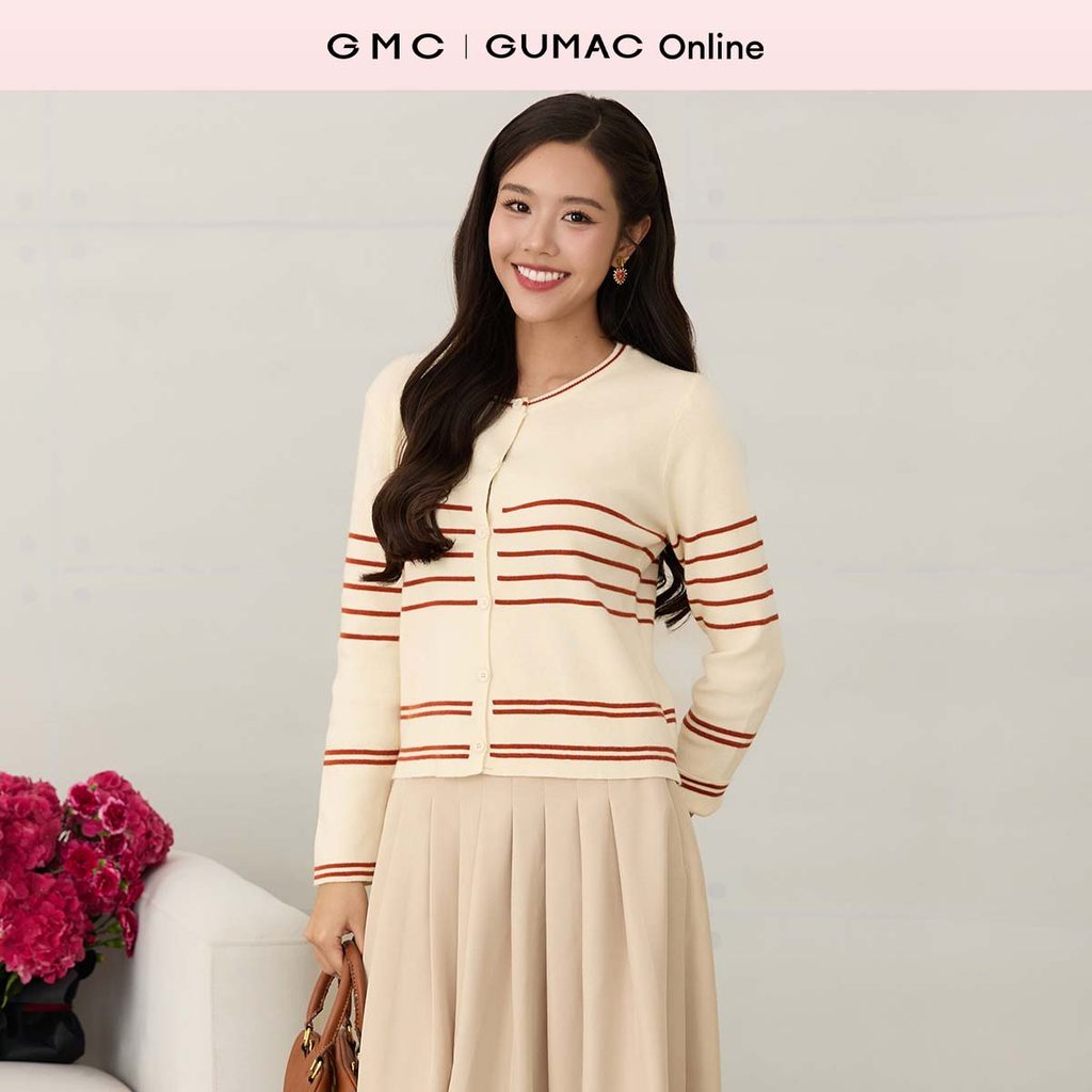 Áo khoác cardigan nữ GUMAC phom suông cổ tròn phối sọc màu chất len mềm không túi AF12017