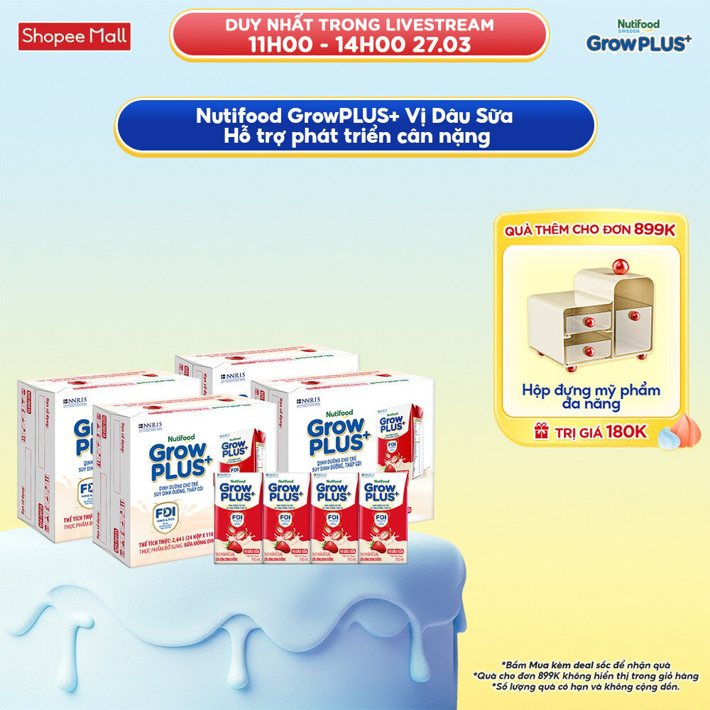 Combo 4 Thùng 24 hộp Sữa bột pha sẵn Nutifood GrowPLUS+ Vị Dâu Sữa hộp 110ml - Trên 1 tuổi