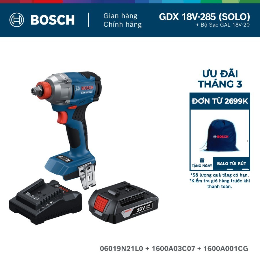 Máy bắt ốc vít dùng pin Bosch GDX 18V-285 (SOLO) + Pin GBA 2.0Ah / Bộ Sạc GAL 18V-20 (MỚI)