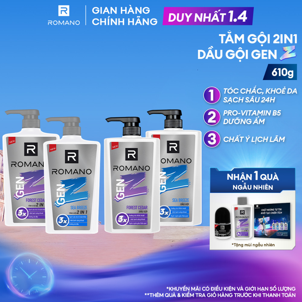 Tắm gội cho nam 2in1 cho nam / Dầu gội nam Romano Gen Z hương Sea Breeze/ Forest Cedar 610g / chai -