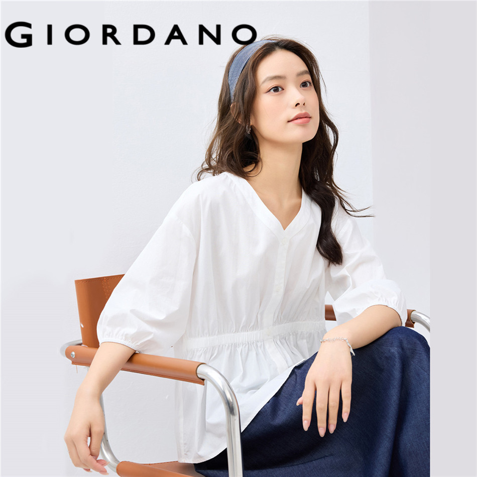 GIORDANO WOMEN 100% Cotton v-neck elbow length sleeve shirt 13345304