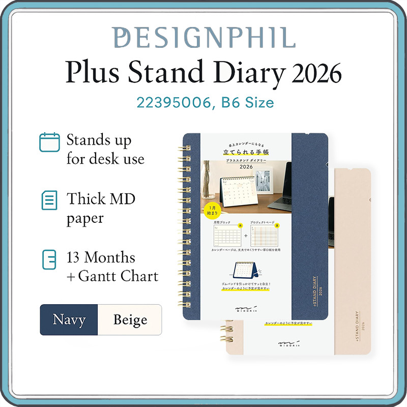 Midori Plus Stand Diary 2026 B6 Monthly Planner - Beige & Navy, Start October 2025 & January 2025