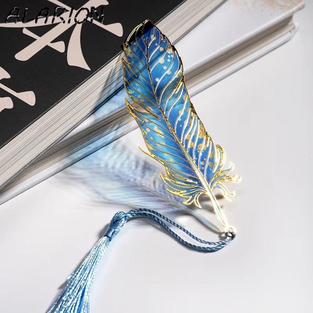 ALARION Metal Bookmark, Feather Shape Light-Transmitting Peacock Feather Bookmark, Tinh tế chắc chắn
