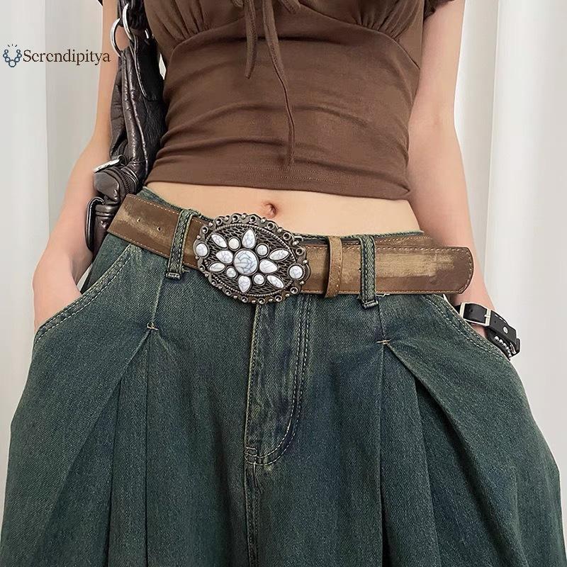 XEM Vintage Đá Trắng Bule Thắt Lưng Khắc Hoa Thắt Lưng Da Nổi Boho Thắt Lưng Phương Tây Quần Jean Th