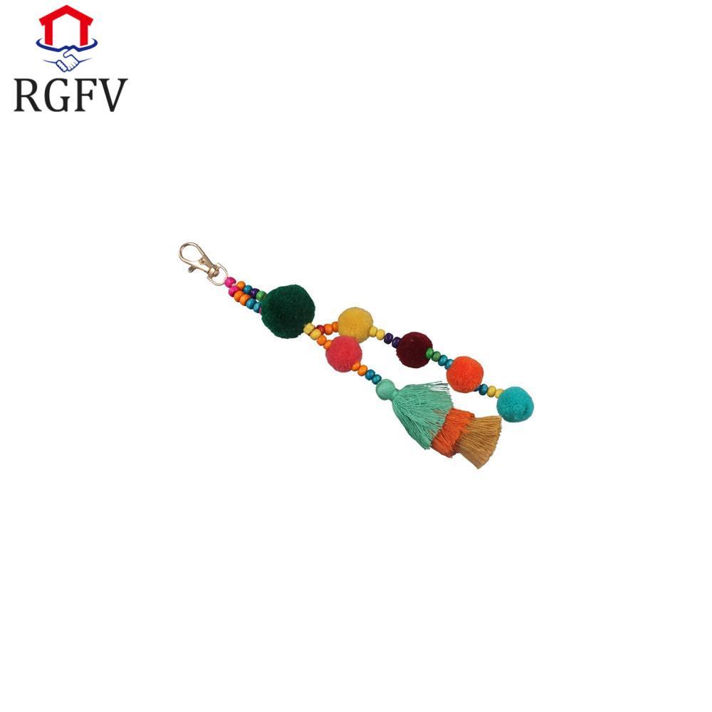RGFV Boho Phong Cách Tóc Quả Bóng Tua Rua Móc Khóa, Đầy Màu Sắc Pom Pom Boho Phong Cách Móc Khóa, Bo