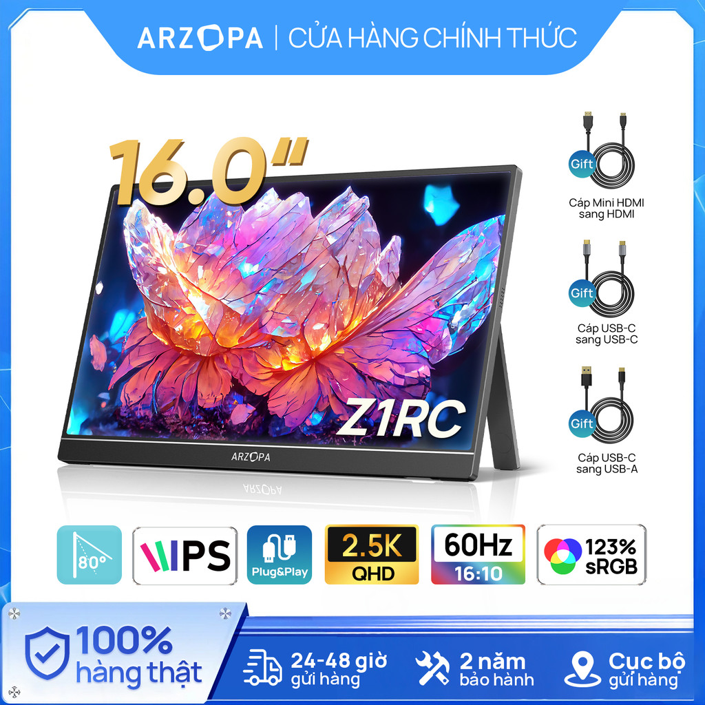 ARZOPA Z1RC, Màn hình di động 16 "2.5K, Giá đỡ chân đế HDR 2560x1600, Màn hình máy tính xách tay HDMI 500nits 8bit QHD USB-C, Màn hình IPS 16: 10 cho điện thoại Mac PC PS Xbox Switch | BigBuy360 - bigbuy360.vn