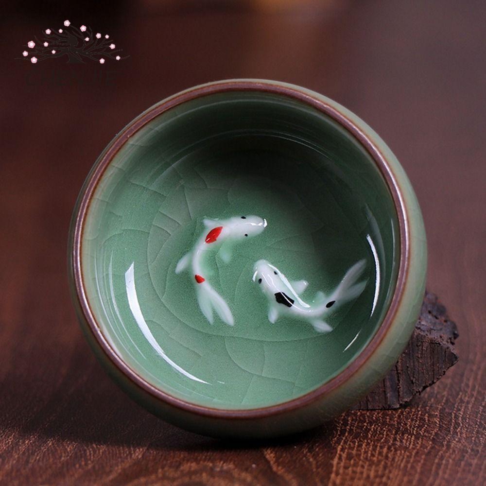 CENJIE Golden Fish Celadon Porcelain Teacups, Crackle Kungfu Longquan Tea Cup, Crackle Tea Cup 60ml 