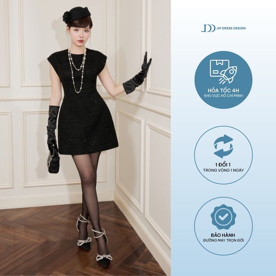 Đầm Cổ Tròn Tay Chờm Đắp Ren 1F19.2509TW Váy Tiệc Dáng A Phong Cách Little Black Dress RetroThiết Kế