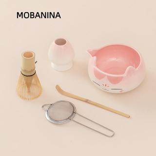 MOBANINA 2 / 5 / 7 Bát trà tai mèo, Bộ trà Matcha năm mảnh màu hồng, Hộp quà tặng hình mèo Bát gốm có vòi Bộ pha Matcha Phụ kiện trà