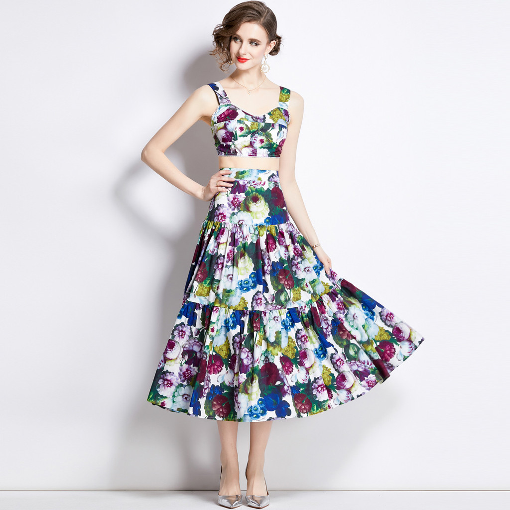 2025Summer Hawaiian vacation style women's dress set with strapless top+High-waisted long skirt with