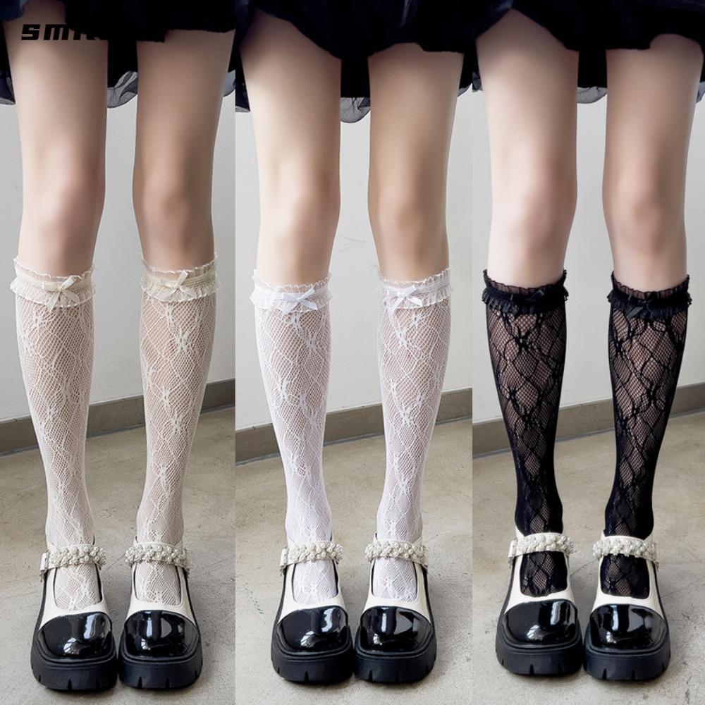 Tất lolita SMILE, Tất ống giữa nơ Nylon, Tất lolita đen trắng Harajuku nữ