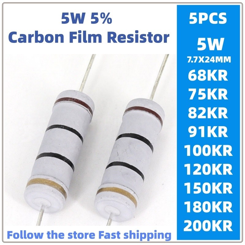 5 Chiếc 5w Phim carbon Điện Trở 5% 68KR 75KR 82KR 91KR 100KR 120KR 150KR 180KR200K
