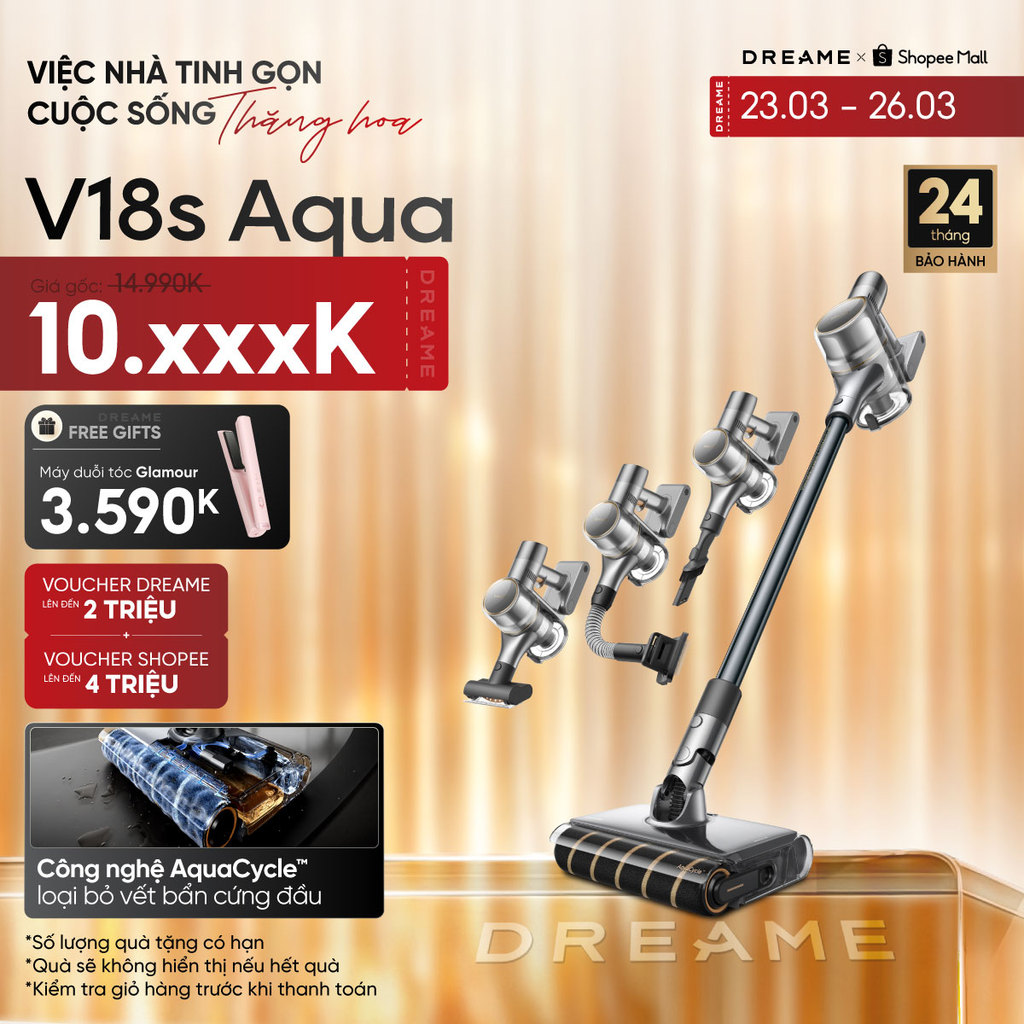 Dreame V18s Aqua Máy hút bụi cầm tay không dây | Tích hợp cuộn lăn ướt | Hút & chải lông thú cưng | 