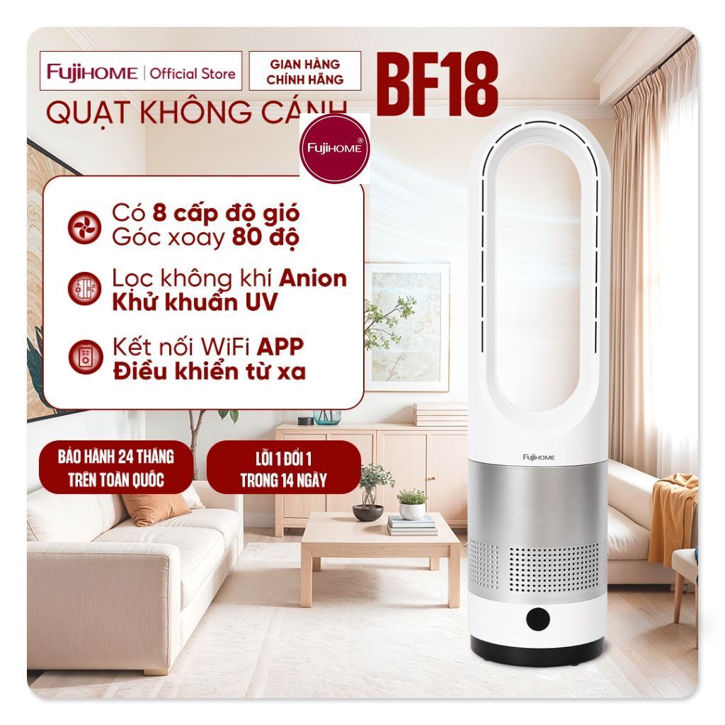Quạt không cánh mini kèm lọc không khí Anion khử khuẩn UV kết nối WIFI Fujihome BF18 , 8 tốc độ gió