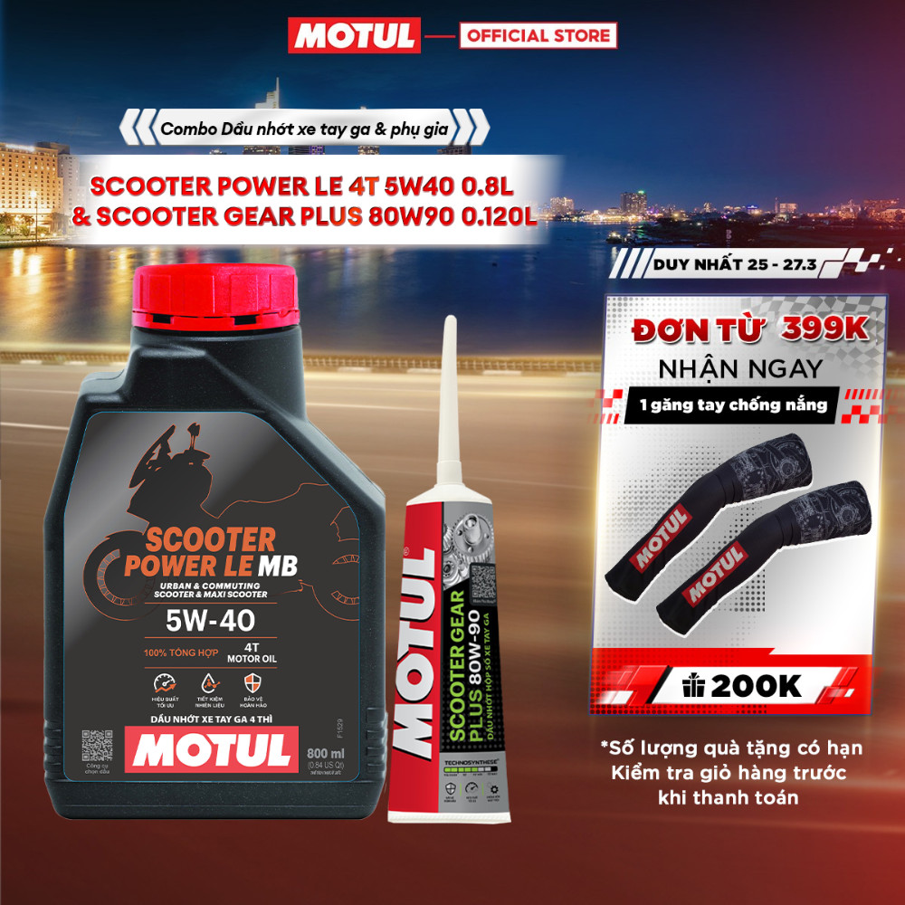 Combo Dầu nhớt xe tay ga Motul Scooter Power LE 4T 5W40 0.8L và Dầu hộp số xe tay ga SCOOTER GEAR PLUS 80W90 0.120L