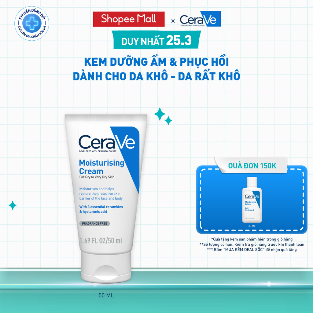 Kem dưỡng ẩm phục hồi chuyên sâu và giữ da ẩm mịn suốt 48H CERAVE MOISTURISING CREAM 50ML