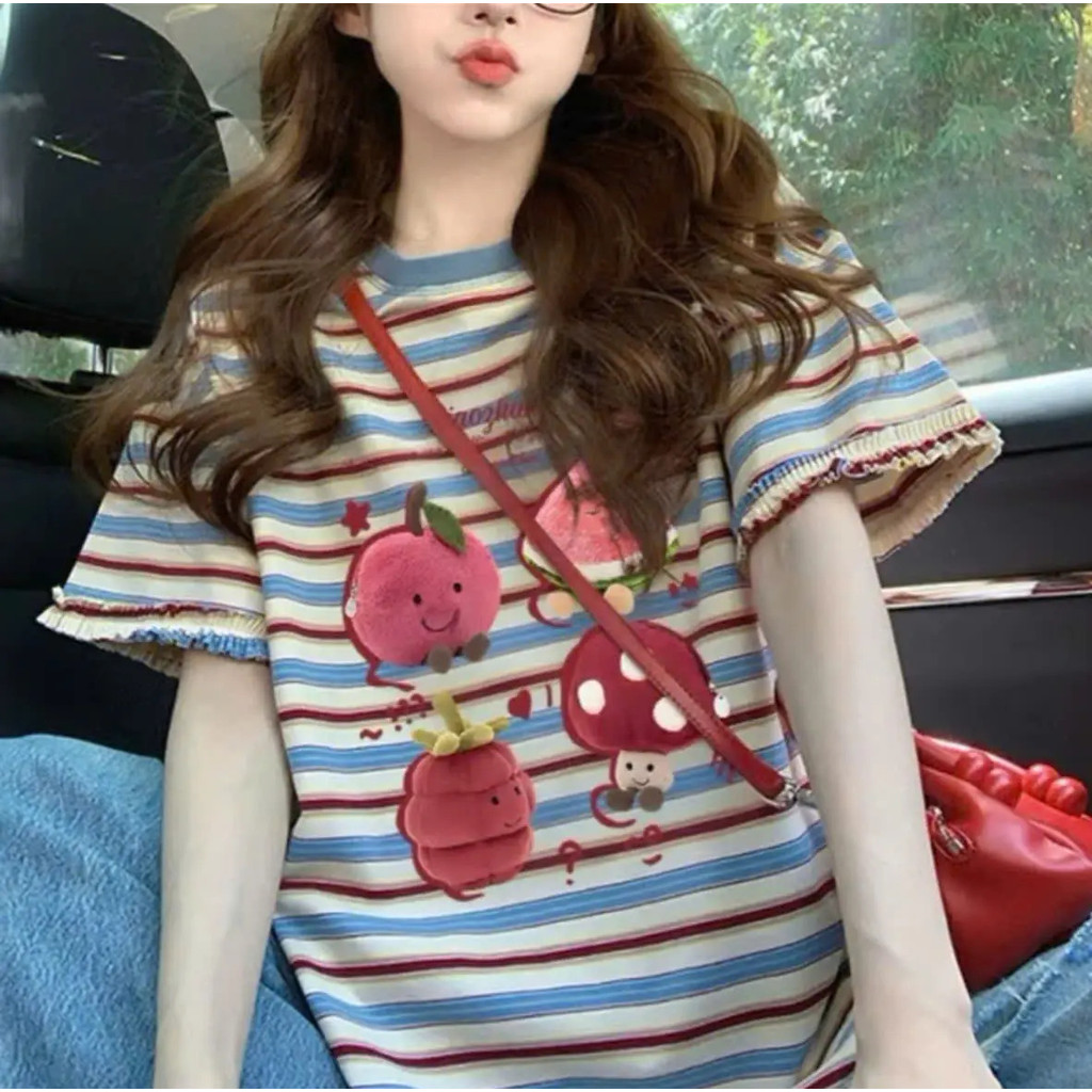 Áo thun Cotton dáng rộng mùa hè dành cho nữ VN có sọc ngang và in họa tiết hoạt hình đầy màu sắc (zh