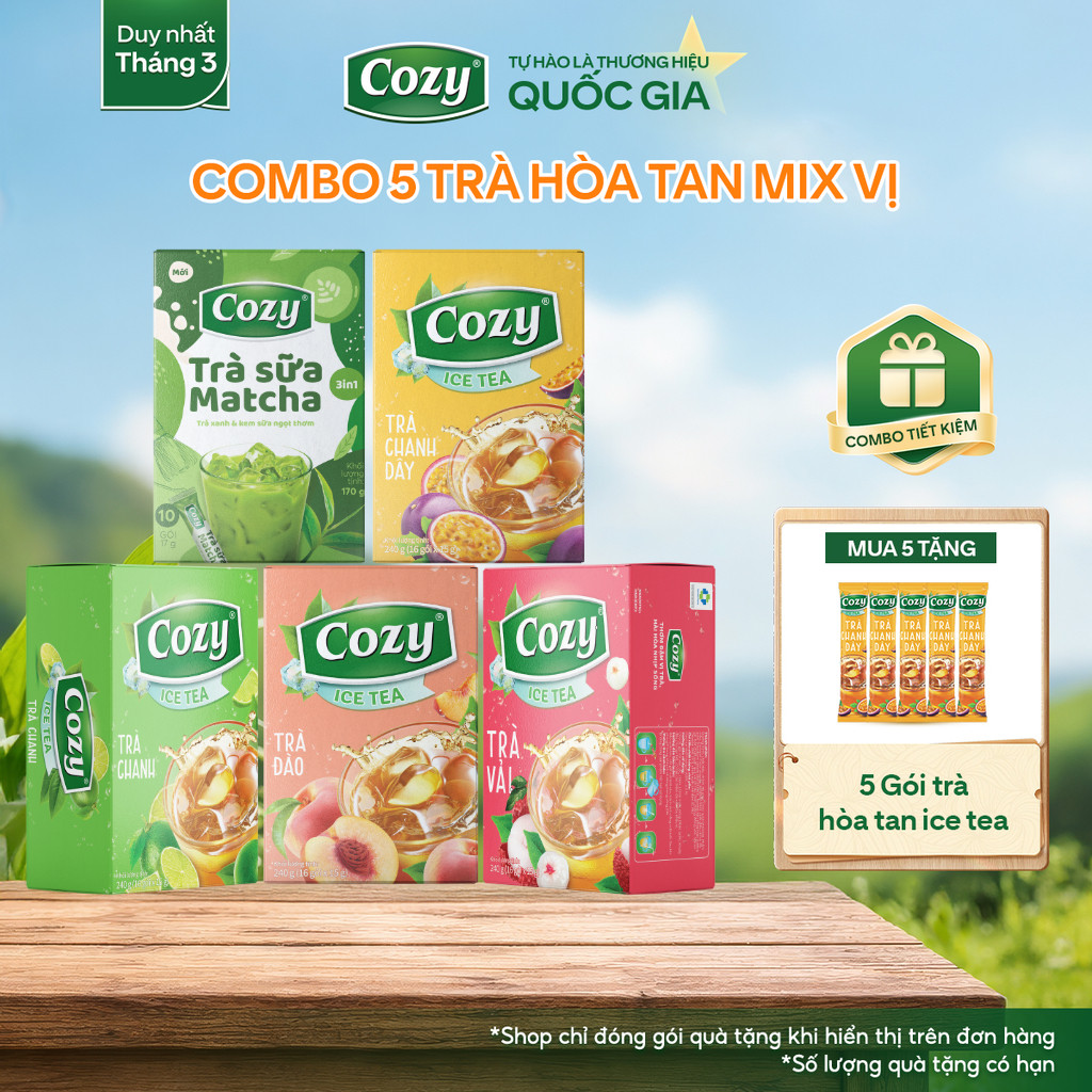 [COMBO 5] Hộp Trà Cozy Hòa Tan Vị Trà Đào, Trà Vải, Chanh Dây, Trà Chanh, Trà Sữa Matcha Giải Nhiệt 