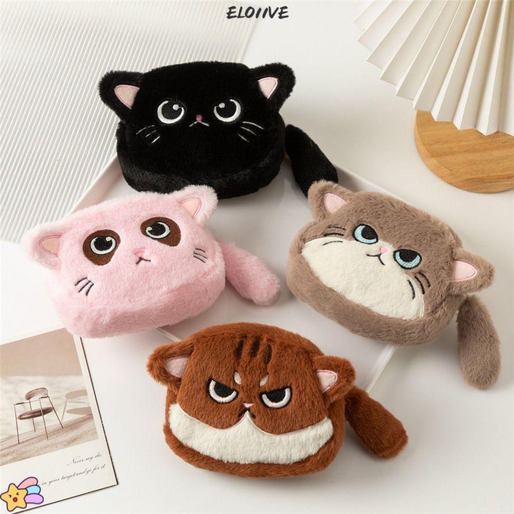 Ví đựng tiền xu ELO11VE, Túi móc khóa tai nghe hình mèo có khóa kéo, Túi đựng son môi Mini dễ thương