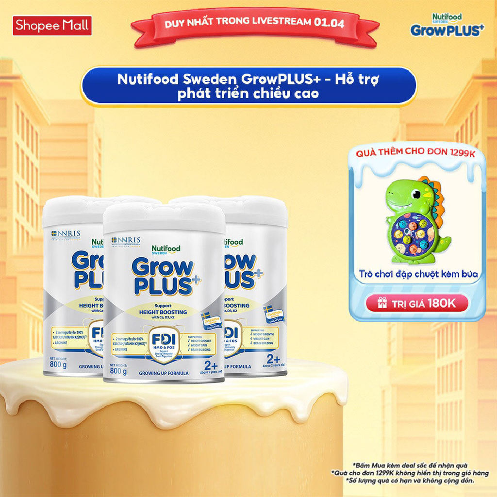 Combo 3 Sữa Bột Nutifood Sweden GrowPLUS+ Cao lớn vượt trội trên 2 tuổi (Bạc) 800g
