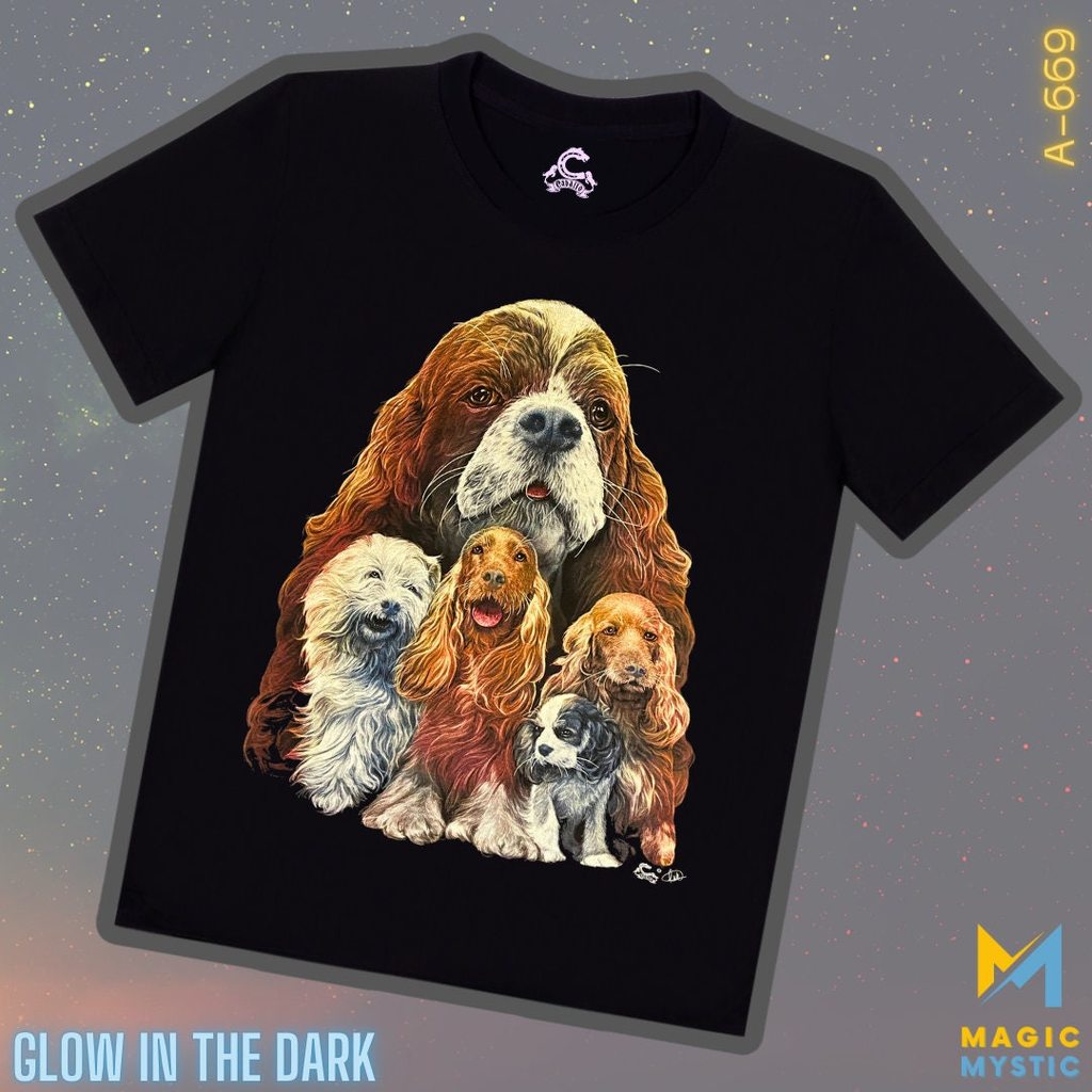 Áo thun màu đen Caballo Chó con dễ thương in hình thực tế Phát sáng trong bóng tối Unisex X-large