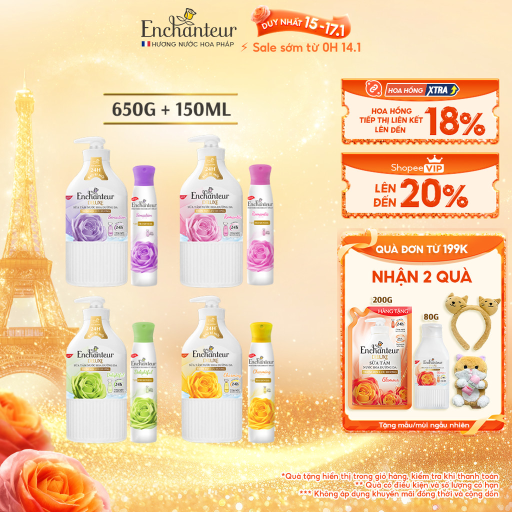 Combo Sữa Tắm Nước Hoa Dưỡng Da Enchanteur 650g + Xịt Khử Mùi Hương Nước Hoa Enchanteur 150ml