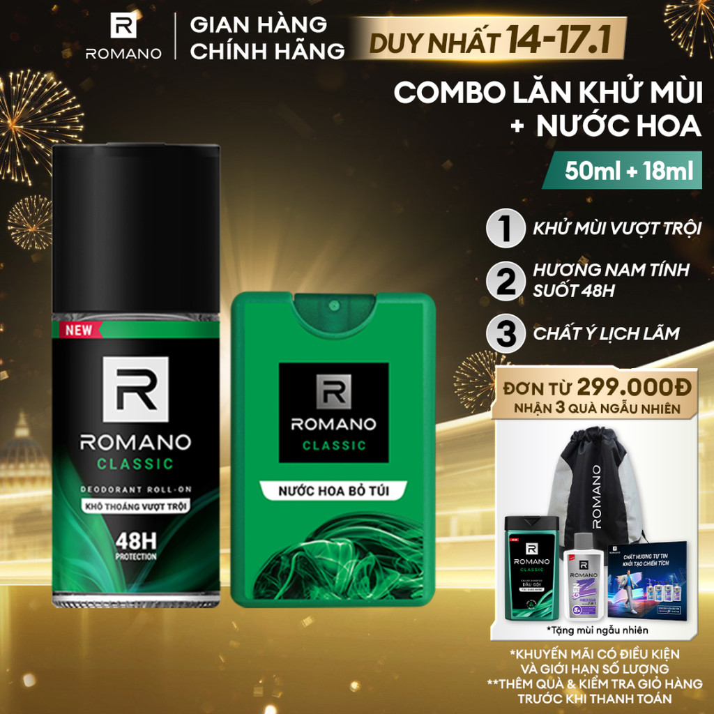 Combo Lăn khử mùi nam Romano 50ml + Nước hoa nam bỏ túi 18ml - Hương Classic