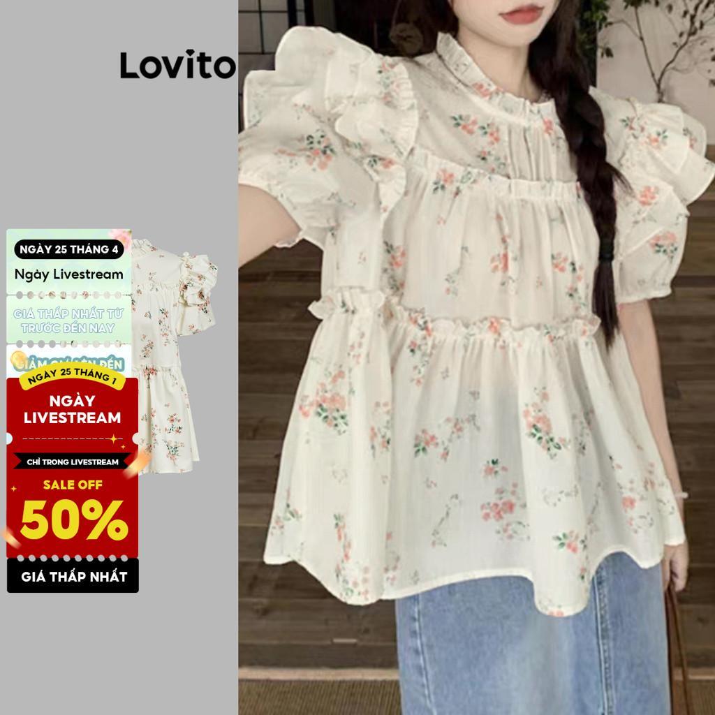 Lovito Áo kiểu giản dị Váy hoa kỳ nghỉ Ruched Ruffle Áo dành cho nữ LNE20173 (Nhiều màu)