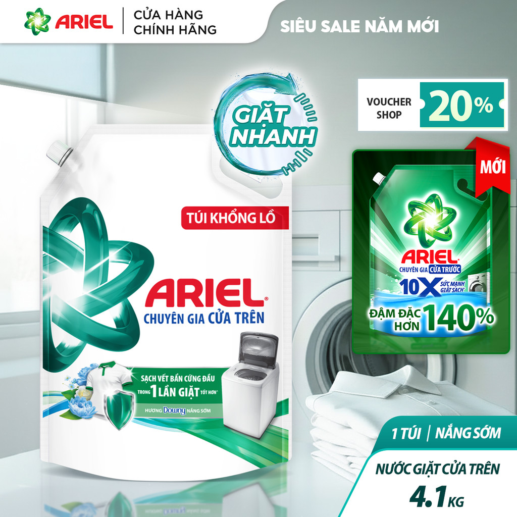 Nước Giặt cửa trên ARIEL sạch Bẩn Hương Nắng Sớm 4.1KG/ Nước giặt 10X giặt sạch  túi 4.05KG