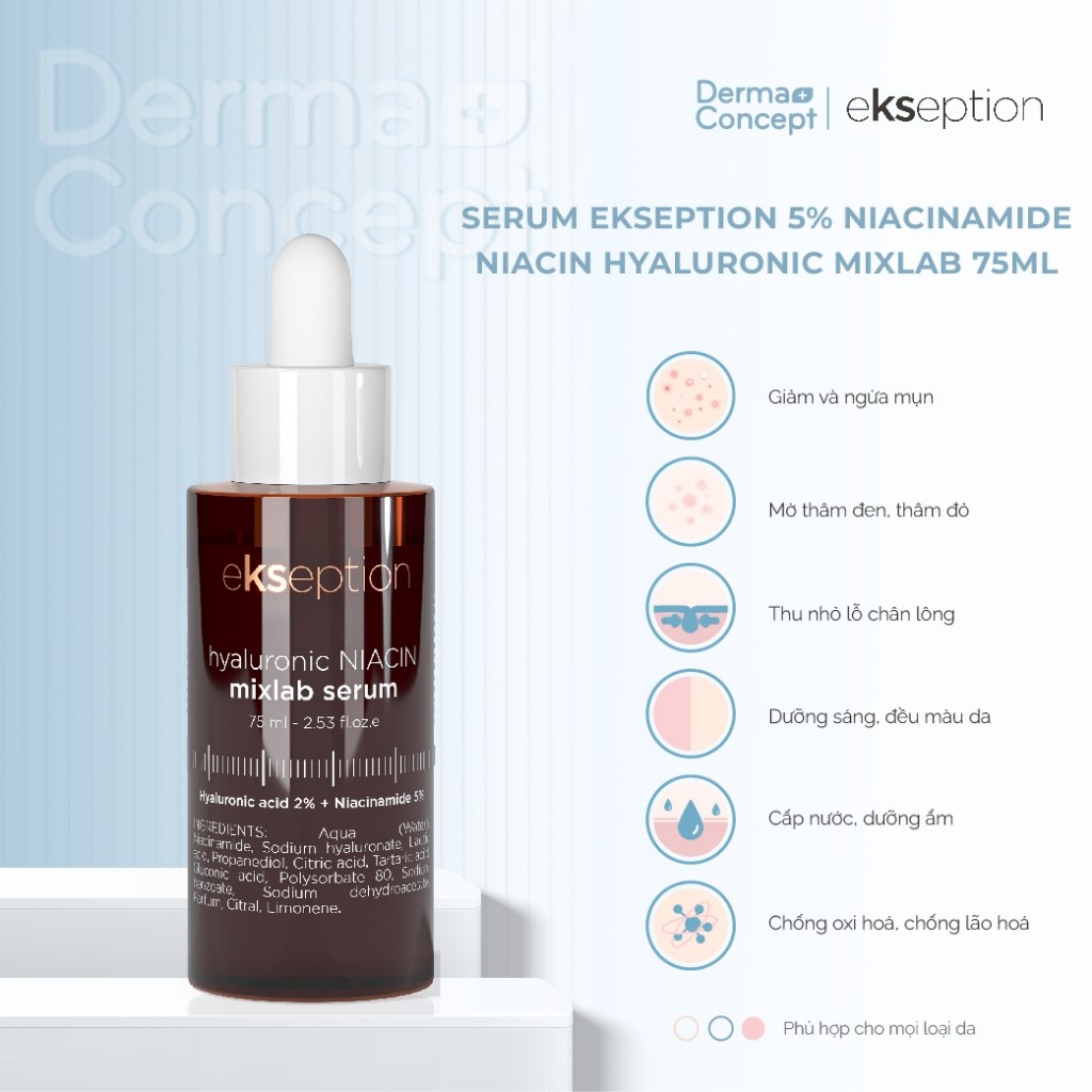 Serum Ekseption 5% Niacinamide Niacin Hyaluronic Mixlab giảm mụn, mờ thâm, dưỡng sáng da 75ml