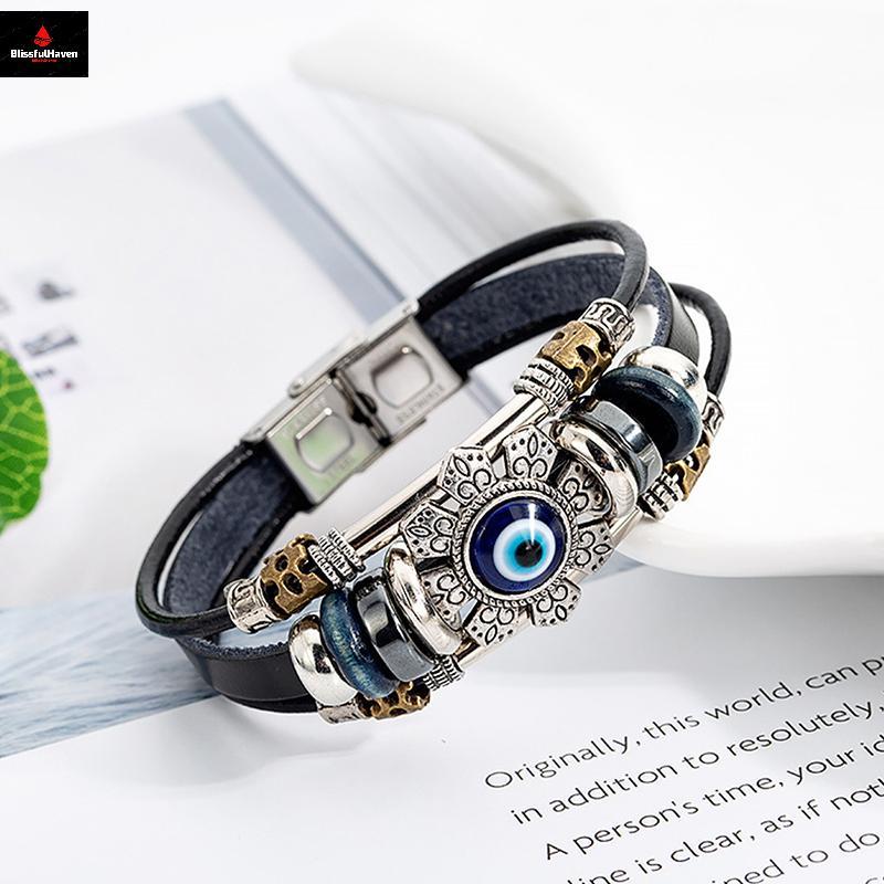 Luy Eye Evil Eye Vòng tay Punk Vòng tay thủ công bằng da nhiều lớp