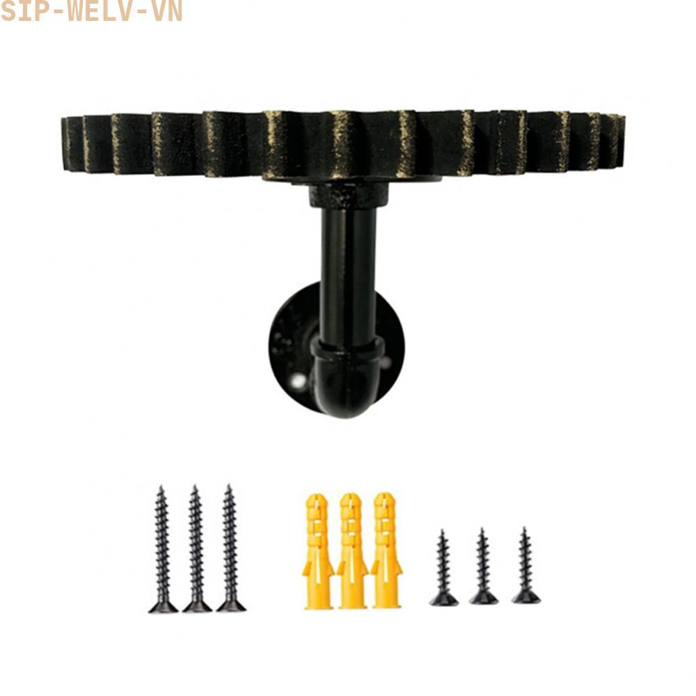 {WELV}Black Iron Pipe Wall Shelf with Rustic Wood Gear Theme 18x18x13cm For Home Decor