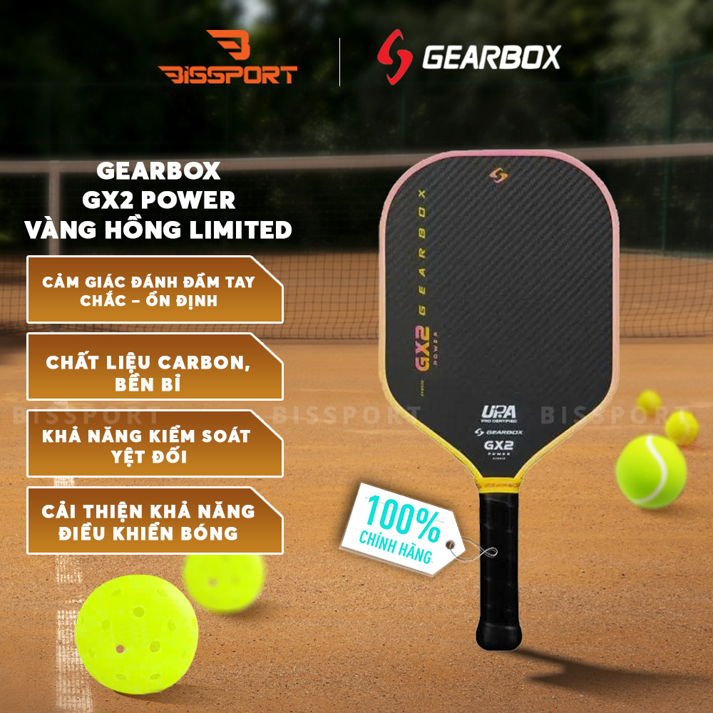 Vợt Pickleball Gearbox GX2 Hybrid Chính Hãng - Vàng Hồng Limited - Mặt Nhám - Trợ Lực - Toàn Diện - 