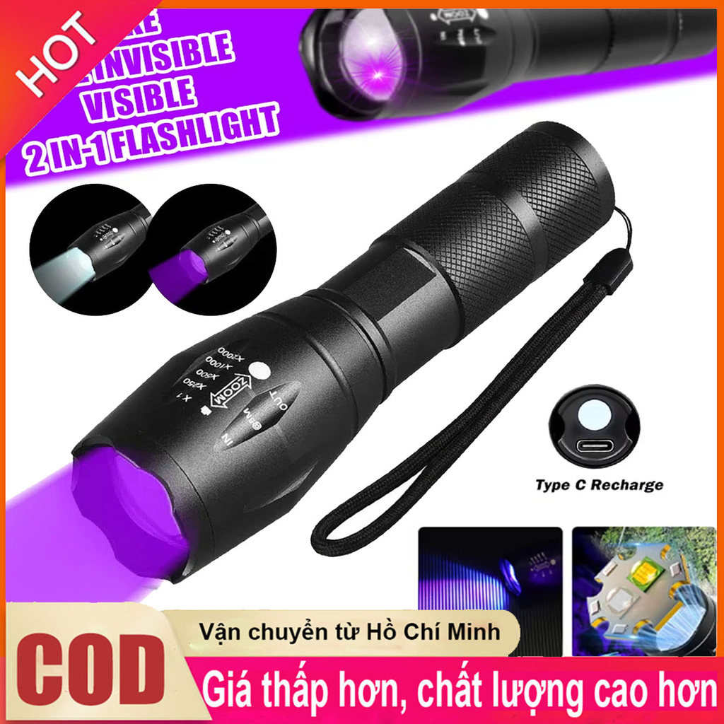 Đèn pin UV màu tím trắng ánh sáng kép，Đèn Pin UV 2in1 Led Sáng Trắng + Led UV Thu Phóng Khoảng Cách，