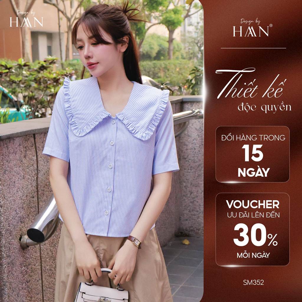 Áo Sơ Mi Nữ Ngắn Tay Kẻ Xanh, Thiết Kế Cổ Vạt Bèo Dịu Dàng Thanh Lịch HAAN Design SM352
