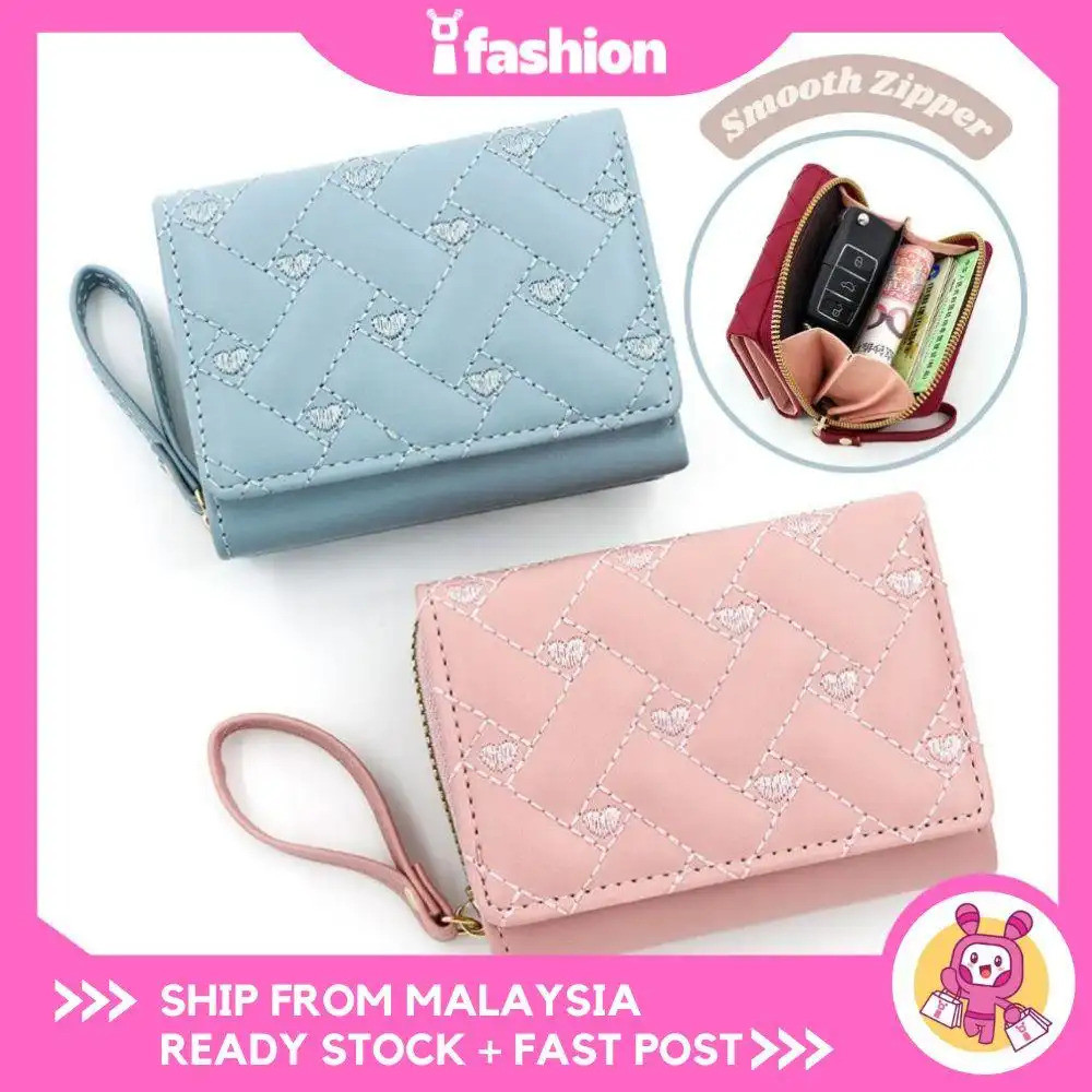 IFASHION 1944 Thời Trang Hình Trái Tim Thêu Nữ Ví Ngắn Ly Hợp Màu Trơn Đơn Giản Ví Đựng Thẻ