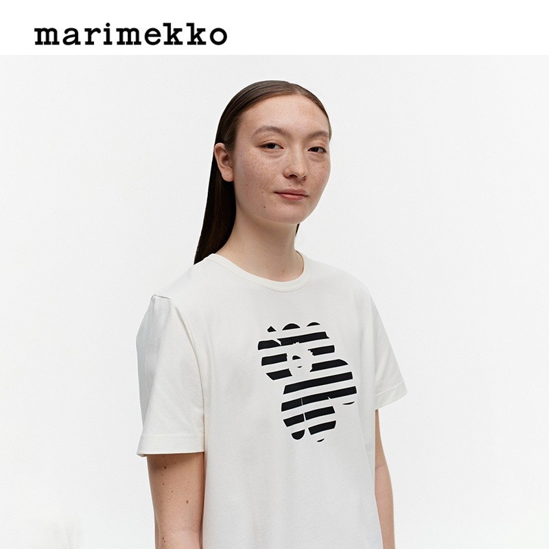 Mari * * Áo thun nam nữ xu hướng kko, áo thun cotton sọc đen trắng in hoa và tay ngắn