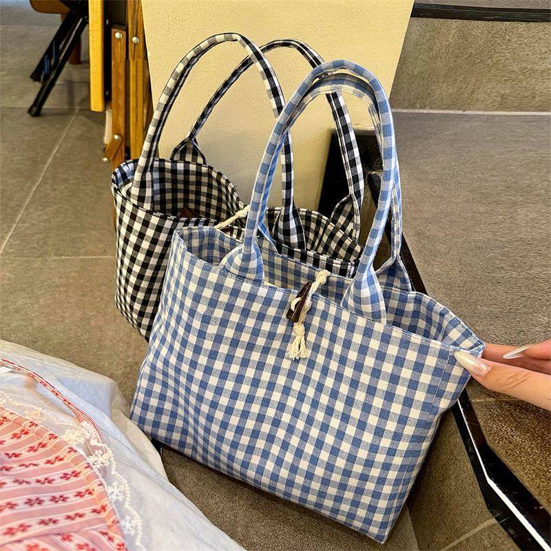 Jeans Button Blue Checked Canvas Bag New Korean Style Idle Style Large Capacity Shoulder Tote Bag ij