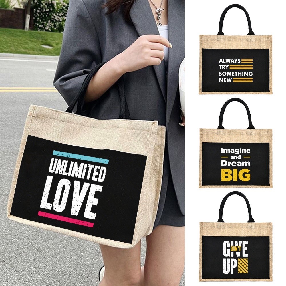 Jute Handbag Linen Shoulder Sacks Women Shopping Tote Laminated Bag Designer Various Phrases Jute im