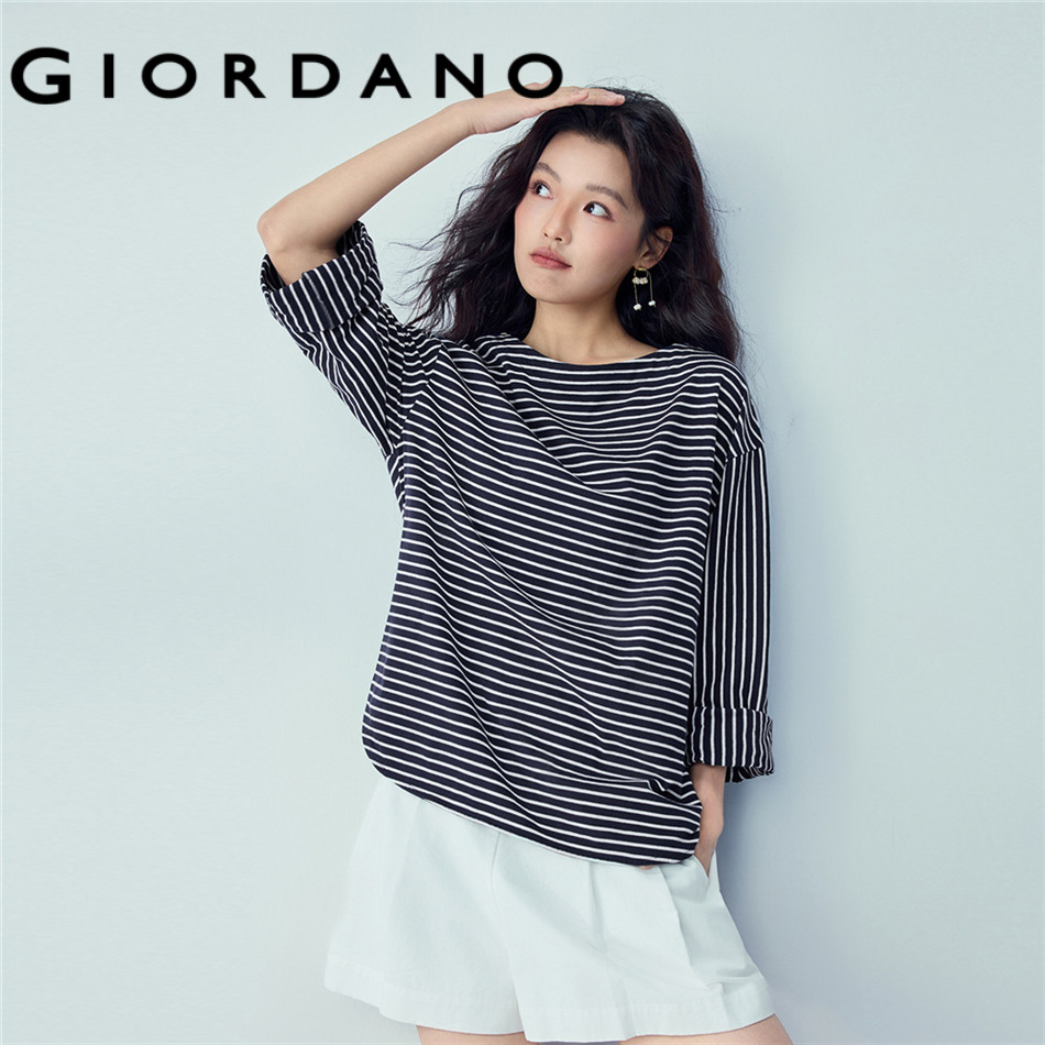 GIORDANO WOMEN 100% Cotton boat neck long sleeve stripe tee 13326206