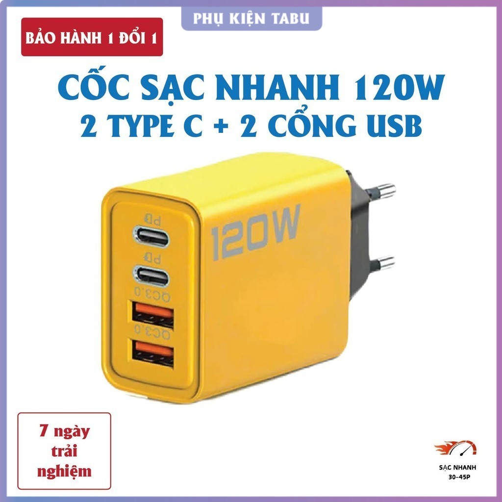 Bộ sạc 120W 4 cổng gồm: 2 cổng Type C + 2 cổng USB – Cốc sạc nhanh 4 đầu, Củ sạc 120W, Củ sạc 120W 