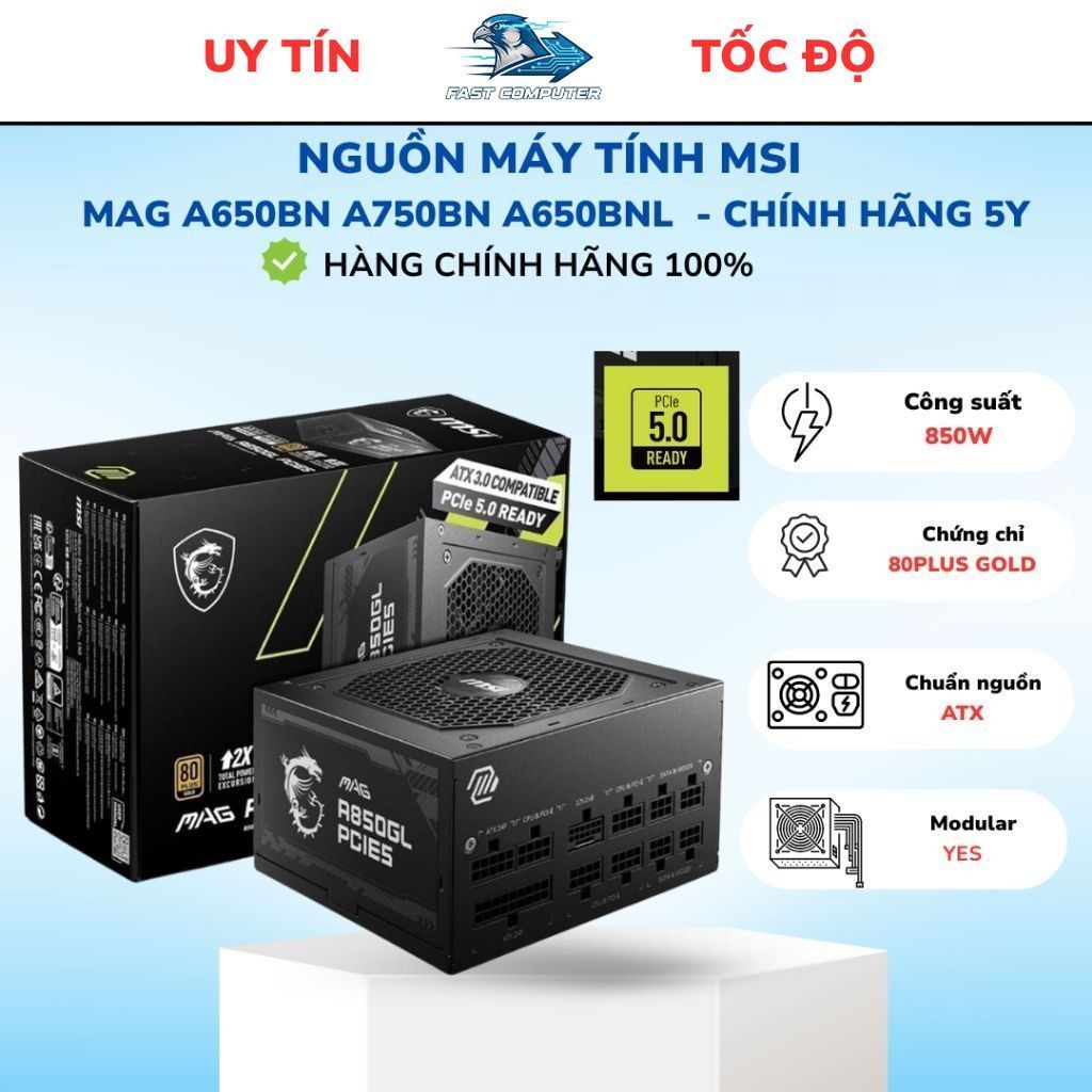 Nguồn máy tính MSI MAG A850GL PCIE5 - 80 Plus Gold Chính hãng bảo hành 5 năm
