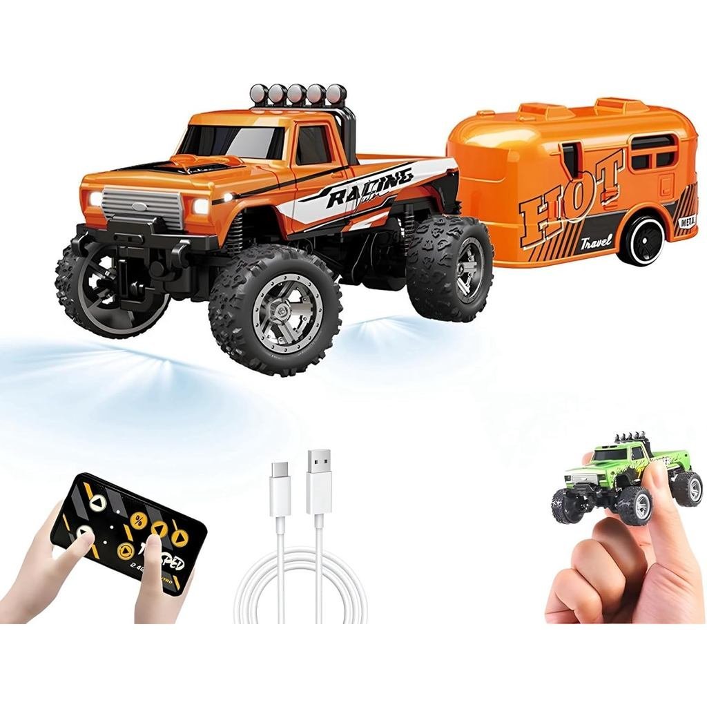 Xe RC mini, Xe tải quái vật điều khiển từ xa mini tỷ lệ 1 / 64 có xe kéo, Điều khiển từ xa 2.4Ghz & 