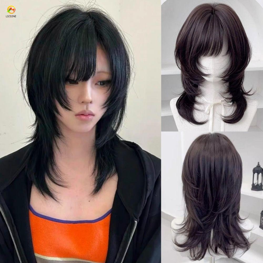 ECHOG Jellyfish - Tóc giả nâu đen layer thẳng, style mullet tự nhiên cho cosplay và hàng ngày, phù h