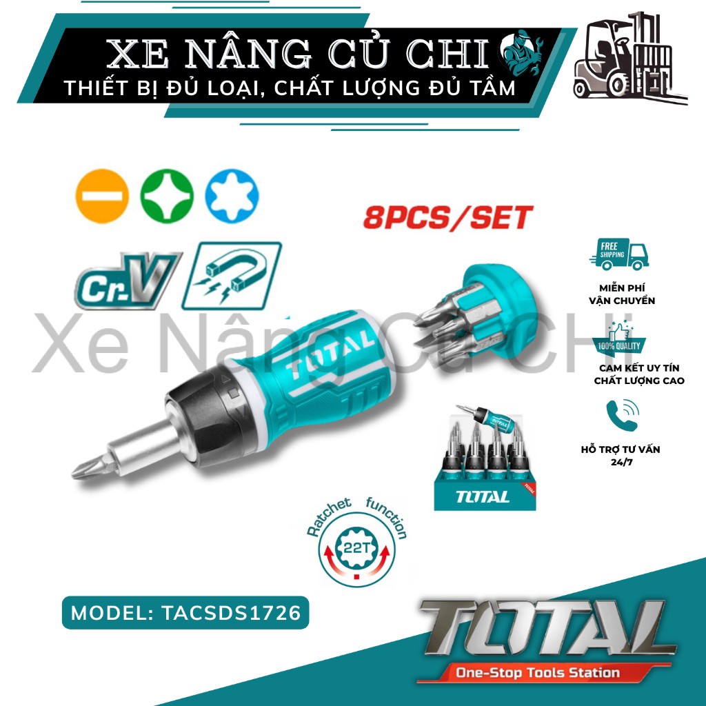 Bộ tua vít Total TACSDS1726 8 trong 1 tay vặn xoay chiều Cr-V tay vặn và 7 mũi 1/4"x25mm SL5 SL6 PH0