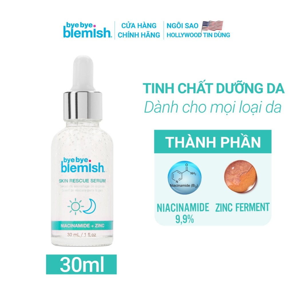 Serum Niacinamide 9,9%, Kẽm Ferment Hỗ Trợ Kiềm Dầu, Thu Nhỏ Lỗ Chân Lông Thích Hợp Cho Da Dầu Mụn Bye Bye Blemish 30ml