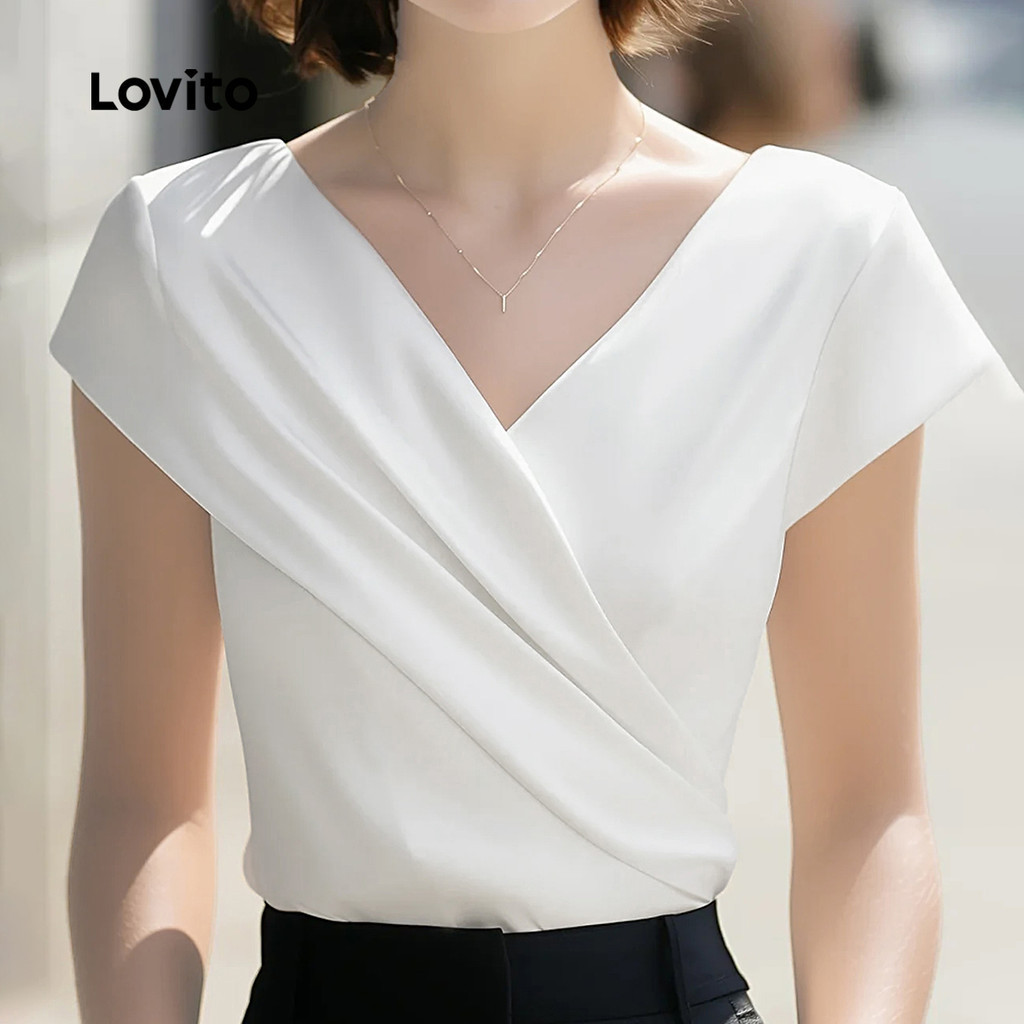 Lovito Áo sơ mi nữ thắt ly mùa xuân hè áo sơ mi trắng năng động L154ED442