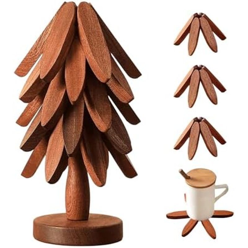 Cây Trivet bằng gỗ - Trang trí Giáng sinh có thể gập lại tự nhiên, Bộ ba cây gỗ ngày lễ | Đứng Cho M